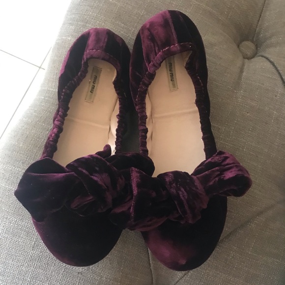 Miu Miu Velvet Bow-Adorned Flats Purple - Picture 3 of 5
